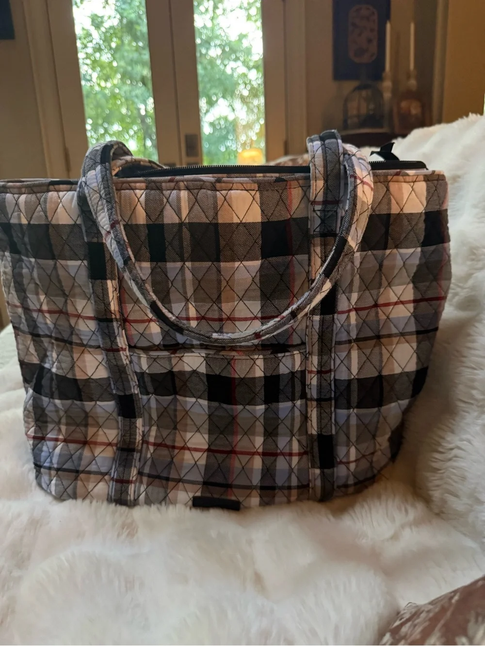 Vera Bradley Quilted Plaid Tote in Black, Gray & Light Blue with Red Accents